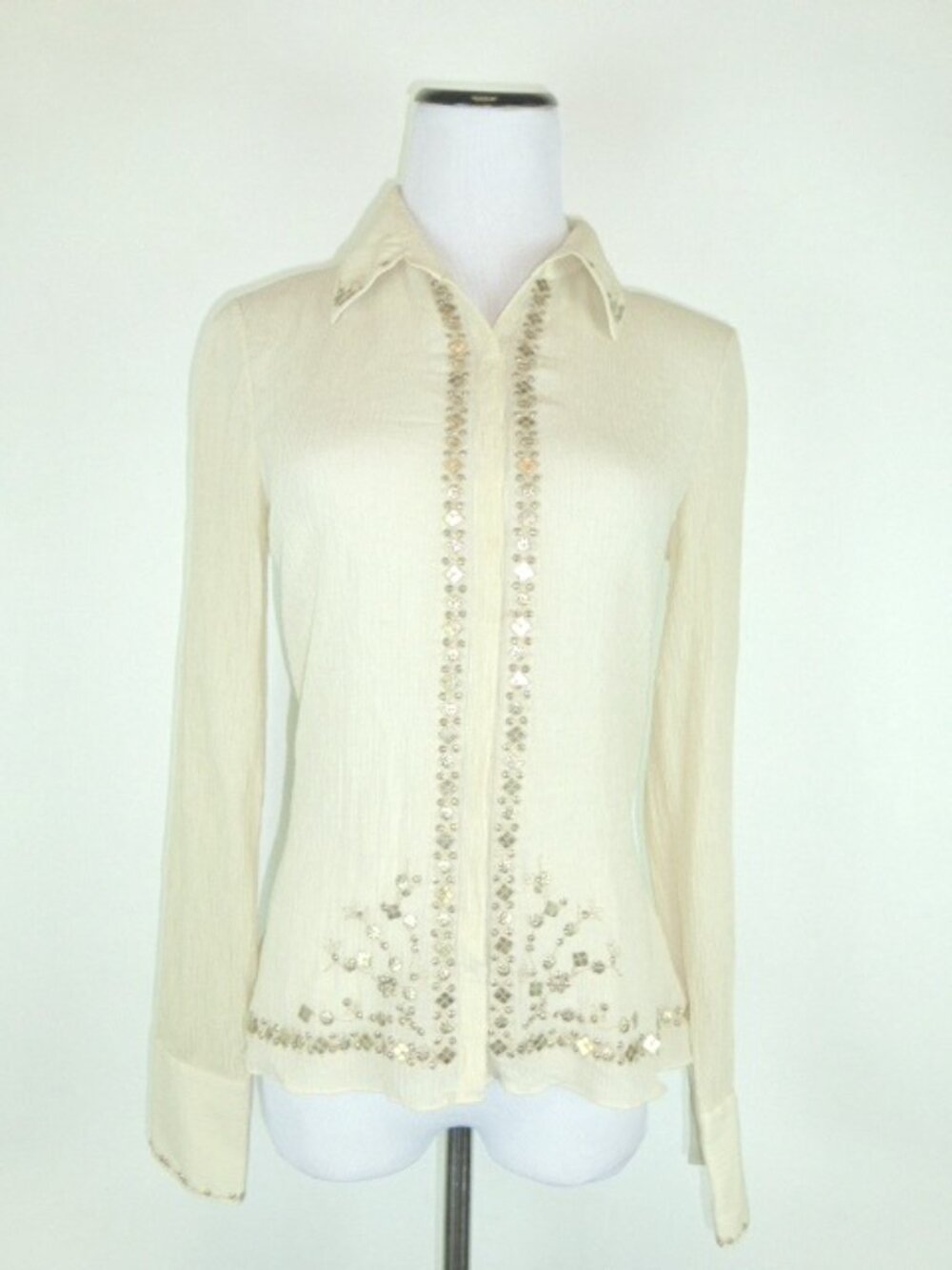 ELIE TAHARI SILK EMBELLISHED BEADED DRESS button up long sleeve SHIRT M
